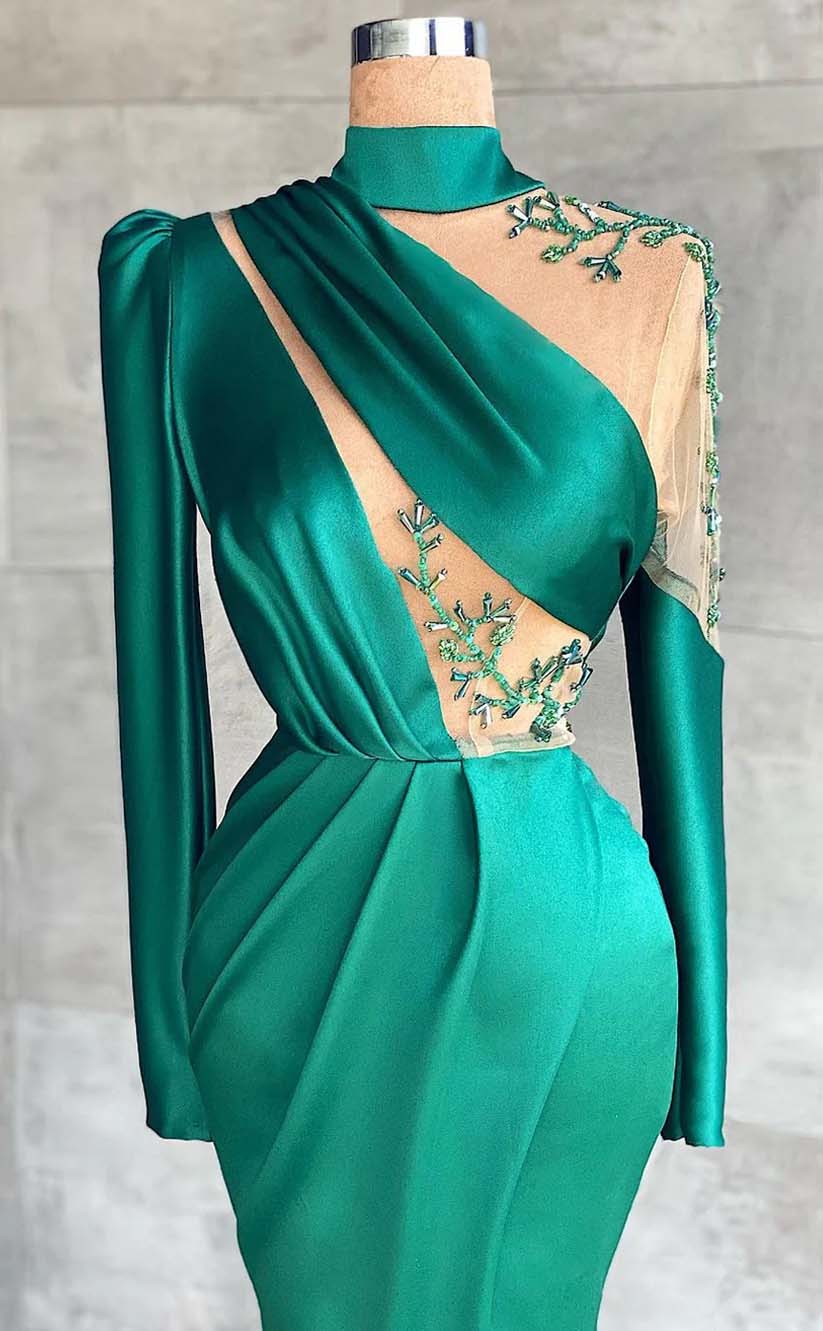 RP2173-Gorgeous Green Mermaid High Neck Appliqued Pleated Long Sleeves Satin Prom Evening Dresses Formal Party Gowns With Slit