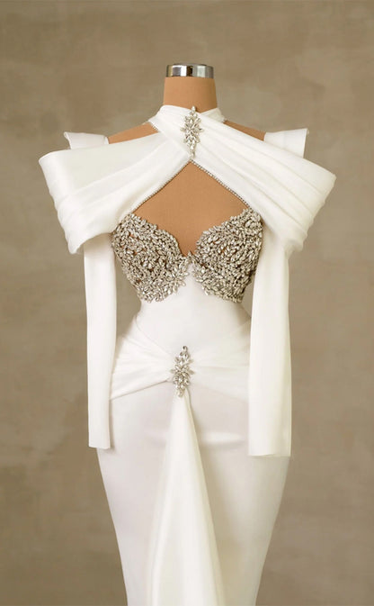 RP256-White Mermaid Halter Beads Crystals Long Sleeves Prom Evening Dresses Formal Party Gowns With Pleated