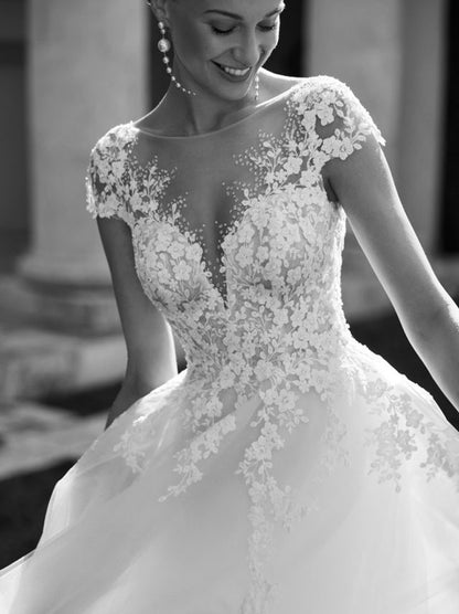 Ivory A-Line Wedding Dresses Illusion Scoop Appliques Beads Cap Sleeve Tulle Court Train Bridal Gowns Custom Made