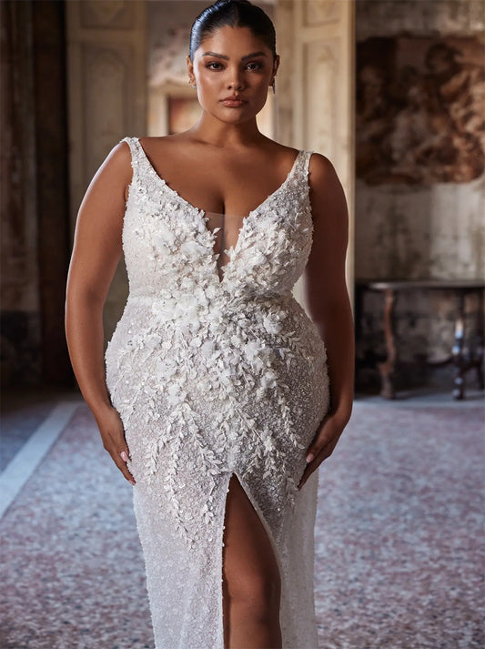 Sparkling Plus Size Mermaid Boho Wedding Dresses V-Neck Sequins Appliqued Sleeveless Floor Length Tulle Bridal Gowns With Slit