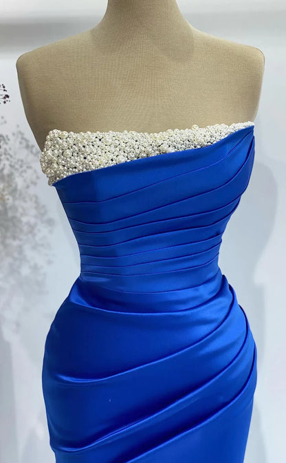 RP403-Modern Royal Blue Mermaid Strapless Pearls Ruched Sleeveless Satin Prom Evening Dresses Formal Party Gowns With Slit