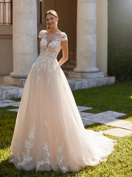 Ivory A-Line Wedding Dresses Illusion Scoop Appliques Beads Cap Sleeve Tulle Court Train Bridal Gowns Custom Made