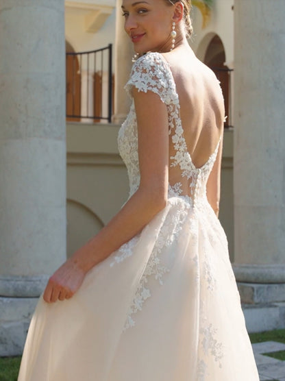 Ivory A-Line Wedding Dresses Illusion Scoop Appliques Beads Cap Sleeve Tulle Court Train Bridal Gowns Custom Made