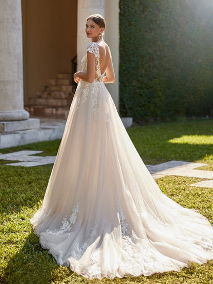 Ivory A-Line Wedding Dresses Illusion Scoop Appliques Beads Cap Sleeve Tulle Court Train Bridal Gowns Custom Made