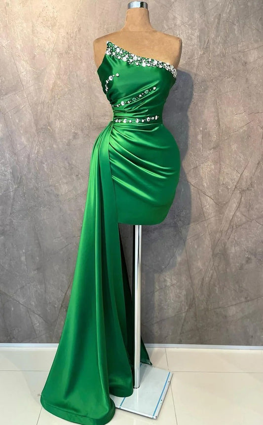 RP1431-Gorgeous Green Mermaid Strapless Crystals Ruched Sleeveless Prom Evening Dresses Formal Party Gowns With Train