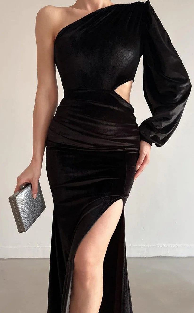 RP1439-Elegant Black Mermaid One Shoulder Ruched One Long Sleeve Velvet Prom Evening Dresses Formal Party Gowns With Slit