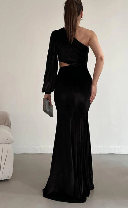 RP1439-Elegant Black Mermaid One Shoulder Ruched One Long Sleeve Velvet Prom Evening Dresses Formal Party Gowns With Slit