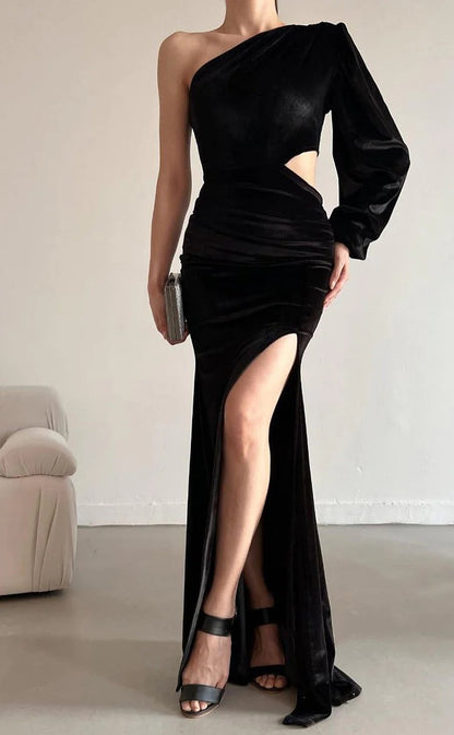 RP1439-Elegant Black Mermaid One Shoulder Ruched One Long Sleeve Velvet Prom Evening Dresses Formal Party Gowns With Slit