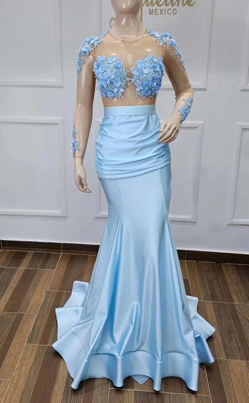 RP1447-Gorgeous Sky Blue Mermaid Jewel Appliqued Beaded Long Sleeves Prom Evening Dresses Formal Party Gowns With Train