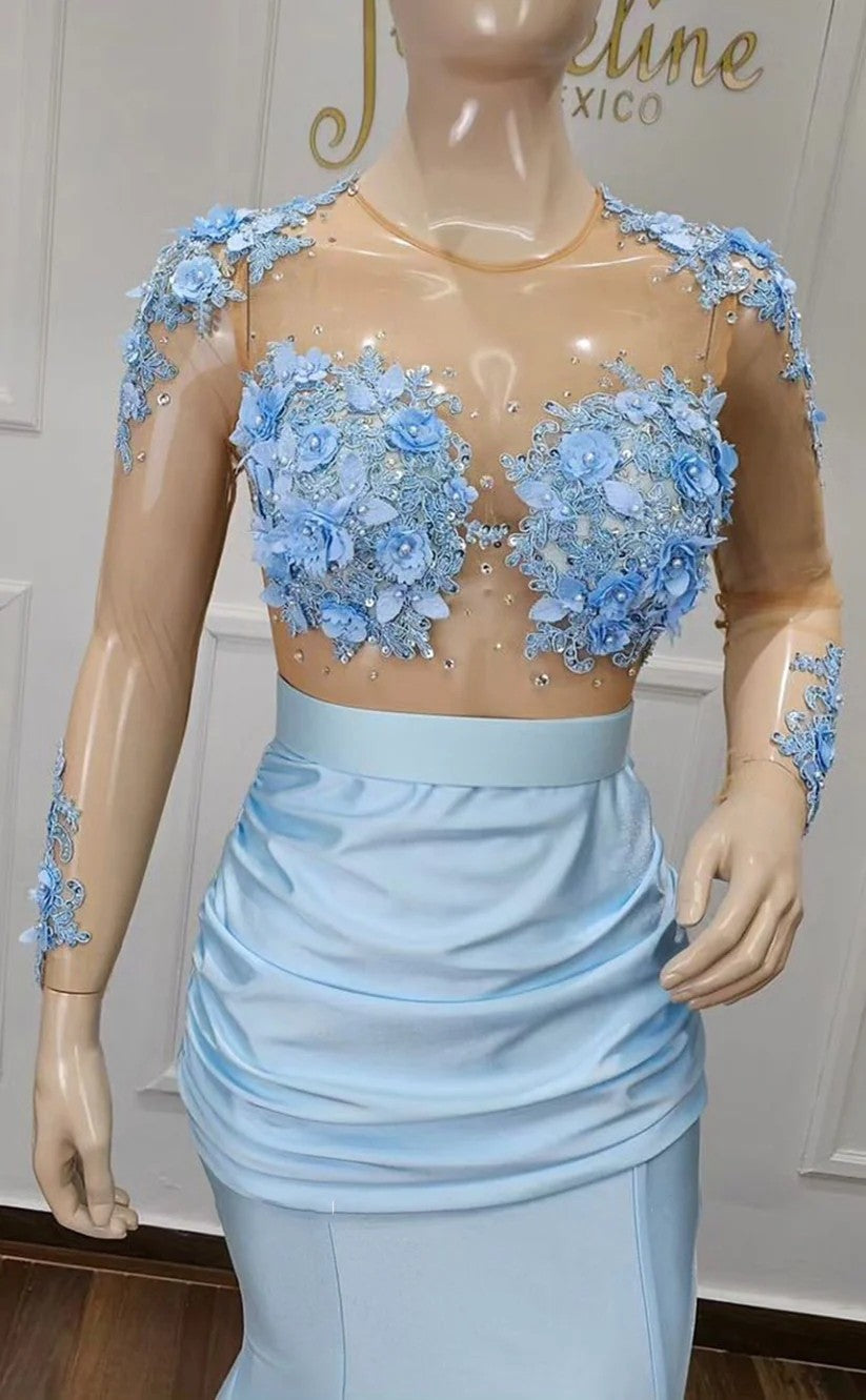 RP1447-Gorgeous Sky Blue Mermaid Jewel Appliqued Beaded Long Sleeves Prom Evening Dresses Formal Party Gowns With Train