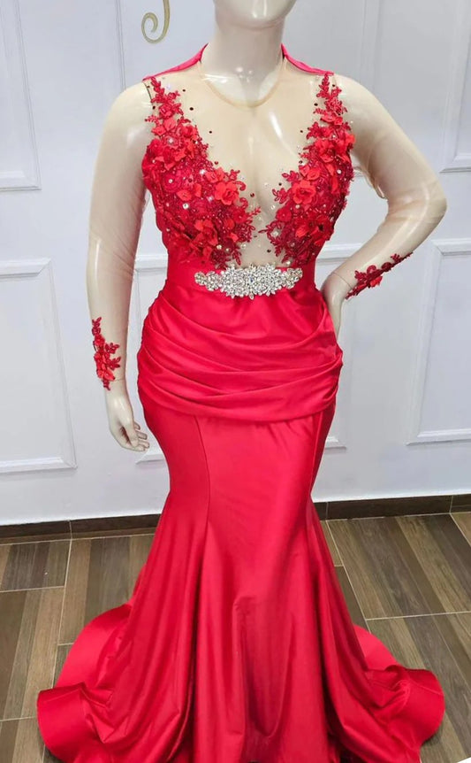 RP1446-Gorgeous Red Mermaid Jewel Appliqued Beaded Long Sleeves Prom Evening Dresses Formal Party Gowns With Train