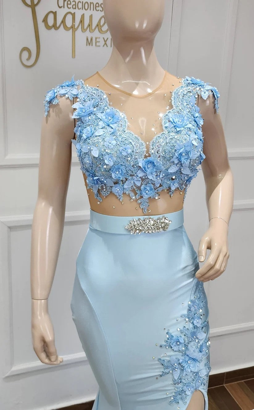 RP1448-Gorgeous Sky Blue Mermaid Jewel Appliqued Beaded Cap Sleeves Prom Evening Dresses Formal Party Gowns With Slit