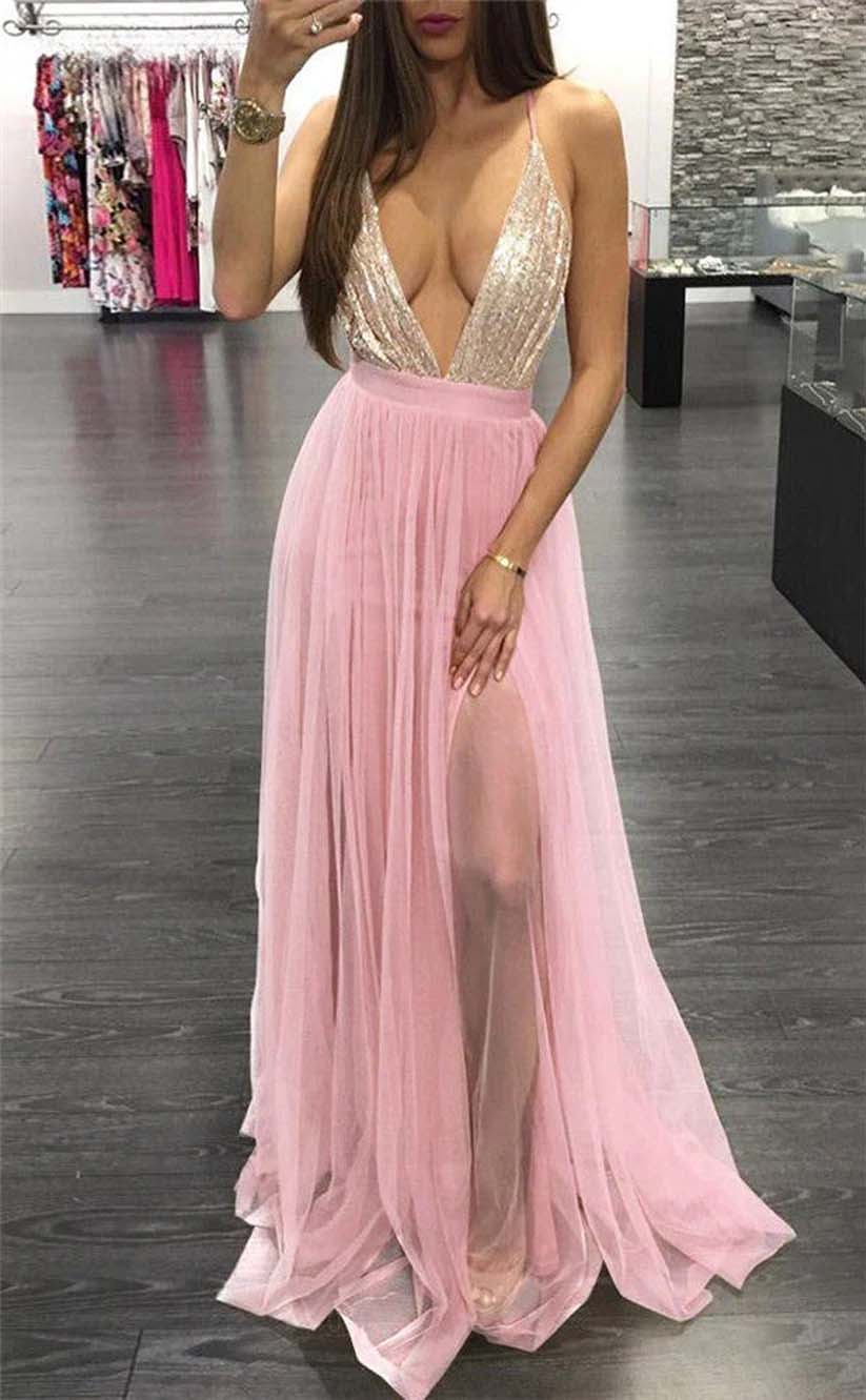 RP2176-Modern Pink A-Line Spaghetti Sequins Sleeveless Chiffon Prom Evening Dresses Formal Party Gowns With Slit