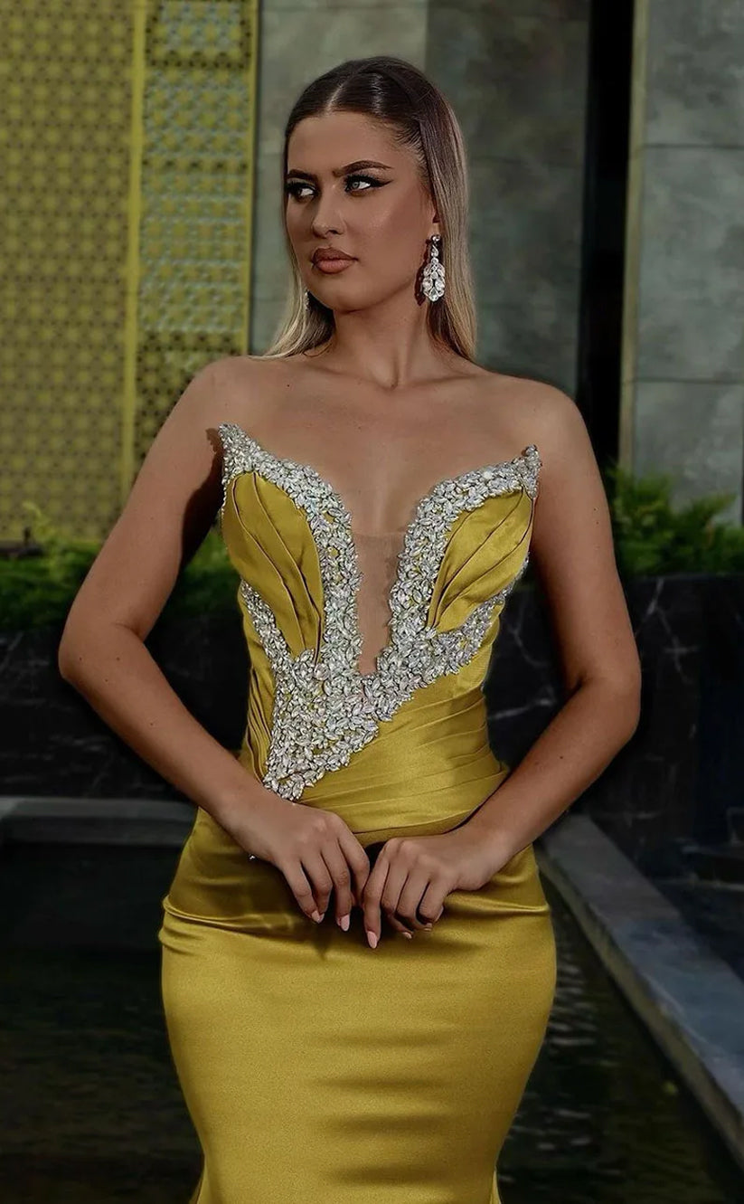 RP884-New Yellow Mermaid Sweetheart Crystals Sleeveless Long Prom Evening Dresses Formal Party Gowns