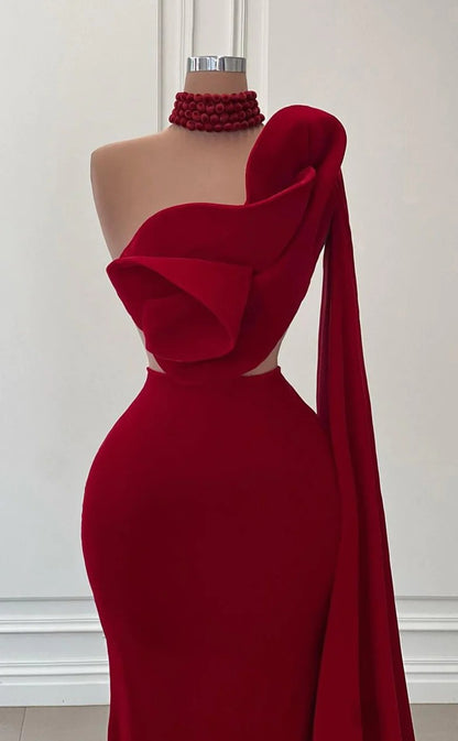 RP1445-Elegant Red Mermaid One Shoulder Ruched Handmade Flower Sleeveless Chiffon Prom Evening Dresses Formal Party Gowns