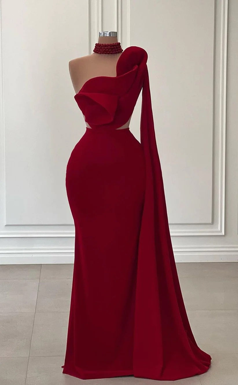 RP1445-Elegant Red Mermaid One Shoulder Ruched Handmade Flower Sleeveless Chiffon Prom Evening Dresses Formal Party Gowns