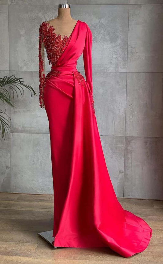 RP2179-Modern Red Mermaid V-Neck Beads Pleated Long Sleeves Satin Prom Evening Dresses Formal Party Gowns With Slit