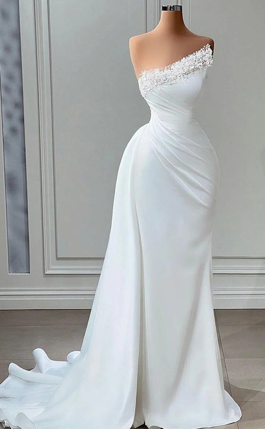 RP1443-Classic White Mermaid Strapless Beaded Ruched Sleeveless Prom Evening Dresses Formal Party Gowns With Slit