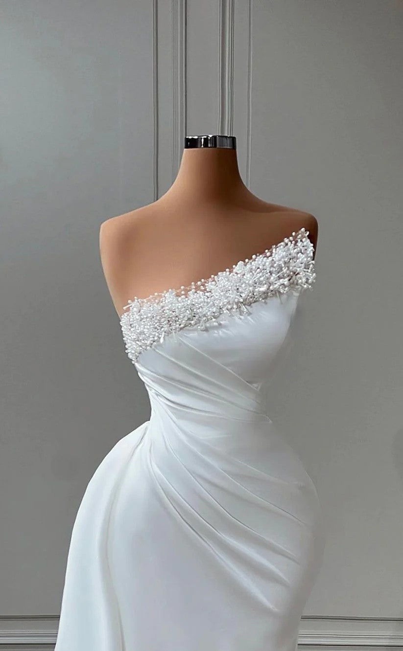 RP1443-Classic White Mermaid Strapless Beaded Ruched Sleeveless Prom Evening Dresses Formal Party Gowns With Slit