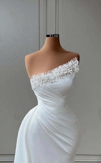 RP1443-Classic White Mermaid Strapless Beaded Ruched Sleeveless Prom Evening Dresses Formal Party Gowns With Slit