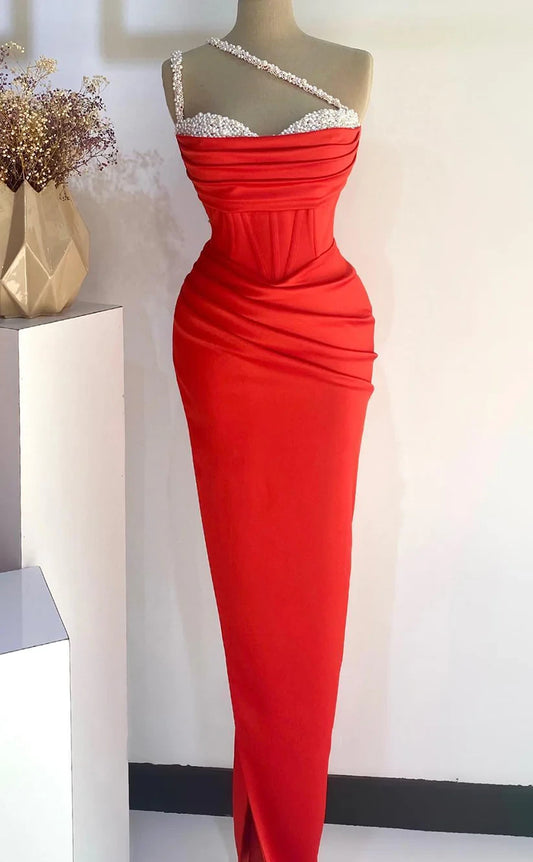 RP402-Modern Red Mermaid One Shoulder Perals Ruched Sleeveless Long Prom Evening Dresses Formal Party Gowns With Side Slit