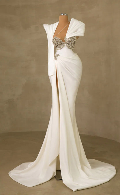 RP257-White Mermaid Off-the-Shoulder Beads Crystals Cap Sleeves Prom Evening Dresses Formal Party Gowns With Pleated