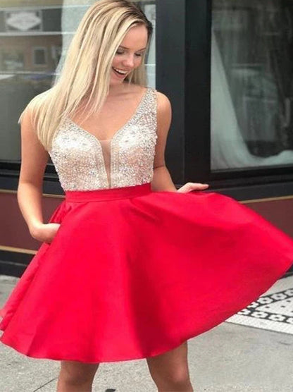 Lovely A-Line V-Neck Sequins Beads Backless Sleeveless Short Organza Homecoming Graduation Dresses Specials Occasion Party Gowns