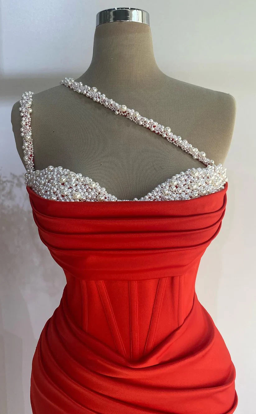 RP402-Modern Red Mermaid One Shoulder Perals Ruched Sleeveless Long Prom Evening Dresses Formal Party Gowns With Side Slit