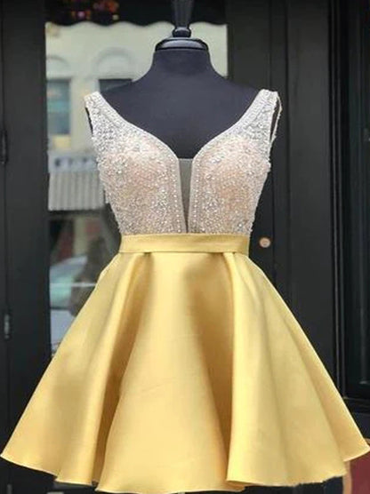 Lovely A-Line V-Neck Sequins Beads Backless Sleeveless Short Organza Homecoming Graduation Dresses Specials Occasion Party Gowns