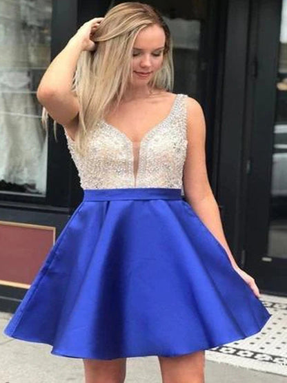 Lovely A-Line V-Neck Sequins Beads Backless Sleeveless Short Organza Homecoming Graduation Dresses Specials Occasion Party Gowns