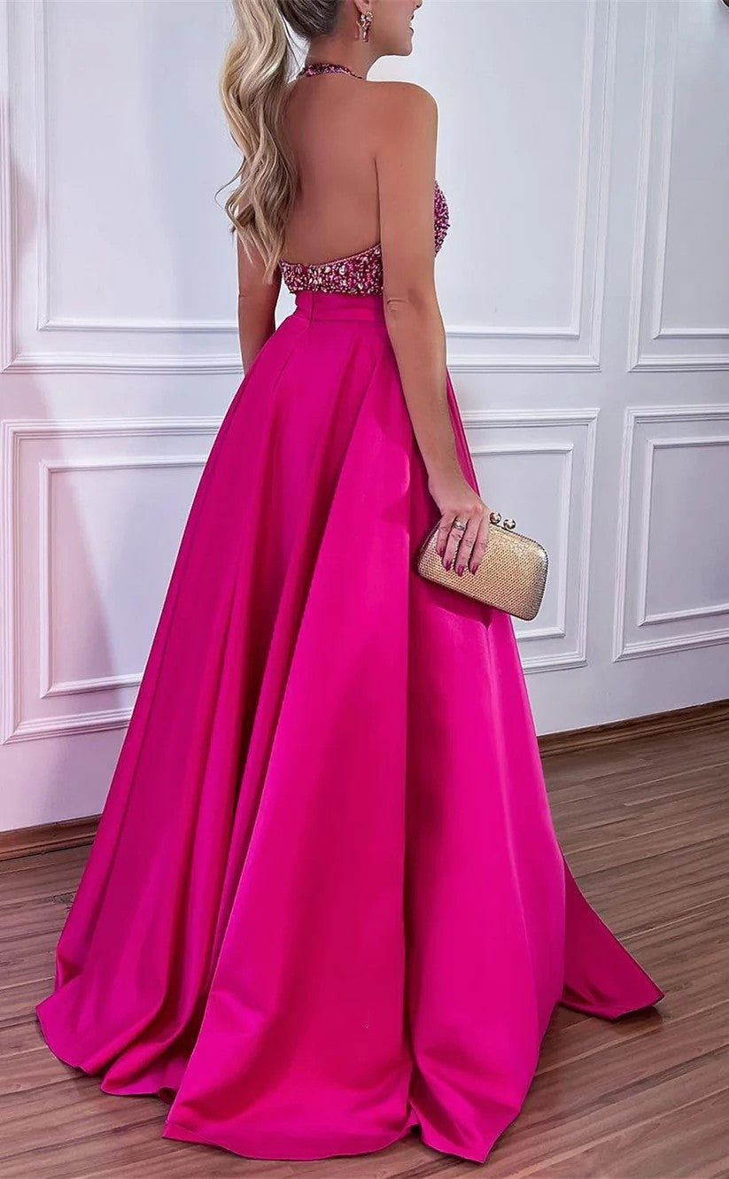 RP1444-Luxury Fuchsia A-Line Halter Crystals Sleeveless Satin Prom Evening Dresses Formal Party Gowns With Train