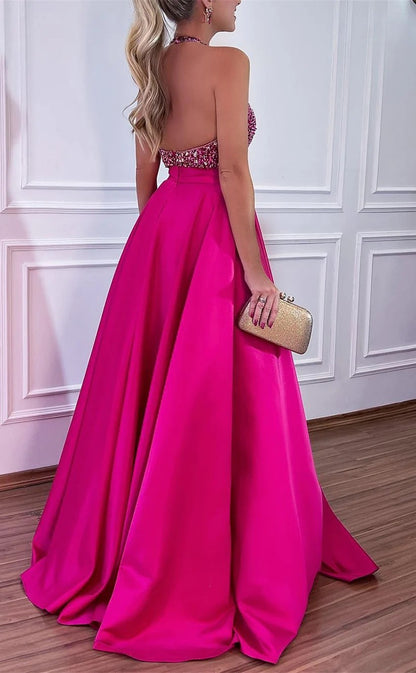 RP1444-Luxury Fuchsia A-Line Halter Crystals Sleeveless Satin Prom Evening Dresses Formal Party Gowns With Train