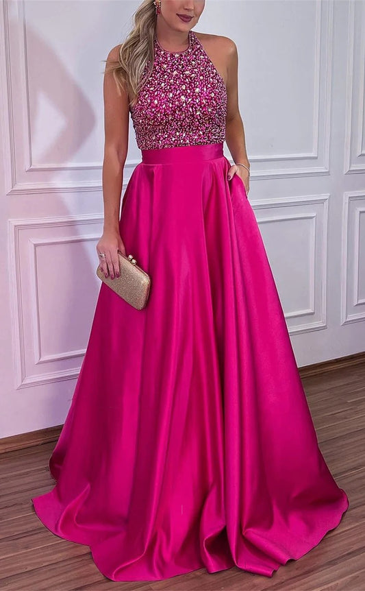 RP1444-Luxury Fuchsia A-Line Halter Crystals Sleeveless Satin Prom Evening Dresses Formal Party Gowns With Train