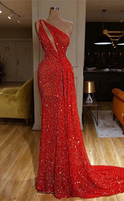 RP1457-Sparkling Red Mermaid One Shoulder Sequins Sleeveless Prom Evening Dresses Formal Party Gowns With Slit