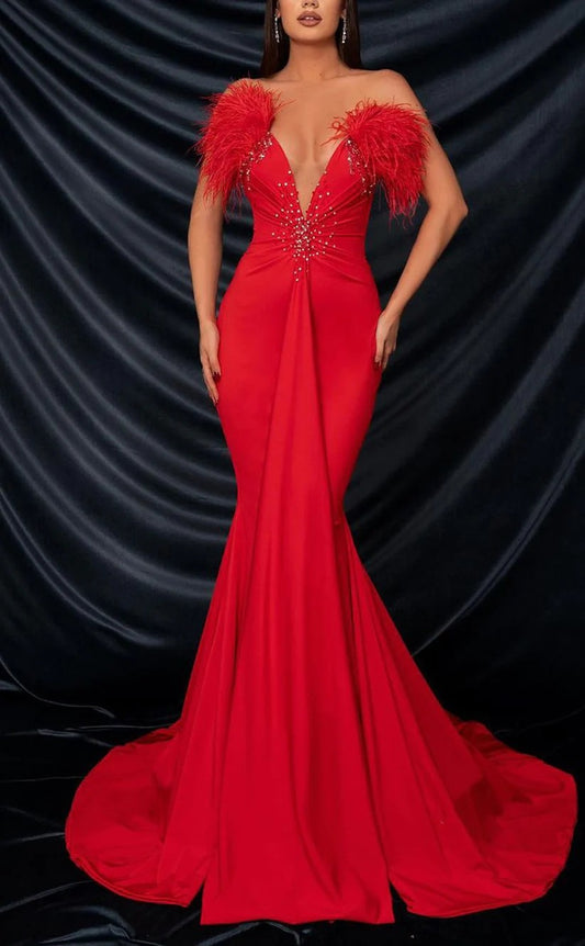 RP1458-Gorgeous Red Mermaid Sweetheart Feather Beaded Sleeveless Prom Evening Dresses Formal Party Gowns With Train