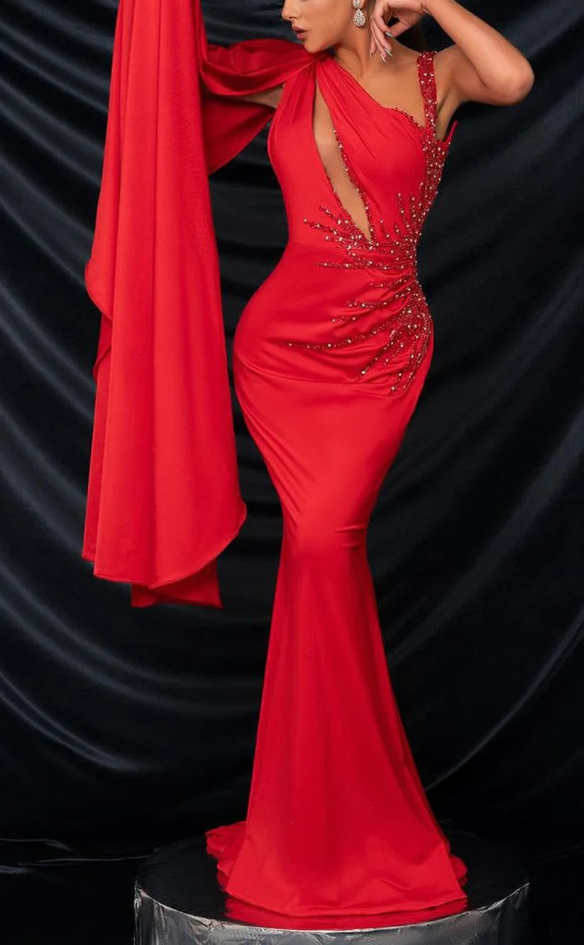 RP1459-Elegant Red Mermaid One Shoulder Beaded Sleeveless Prom Evening Dresses Formal Party Gowns With Cut-out