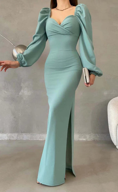 RP1457-Elegant Green Mermaid Sweetheart Ruched Long Sleeves Chiffon Prom Evening Dresses Formal Party Gowns With Slit