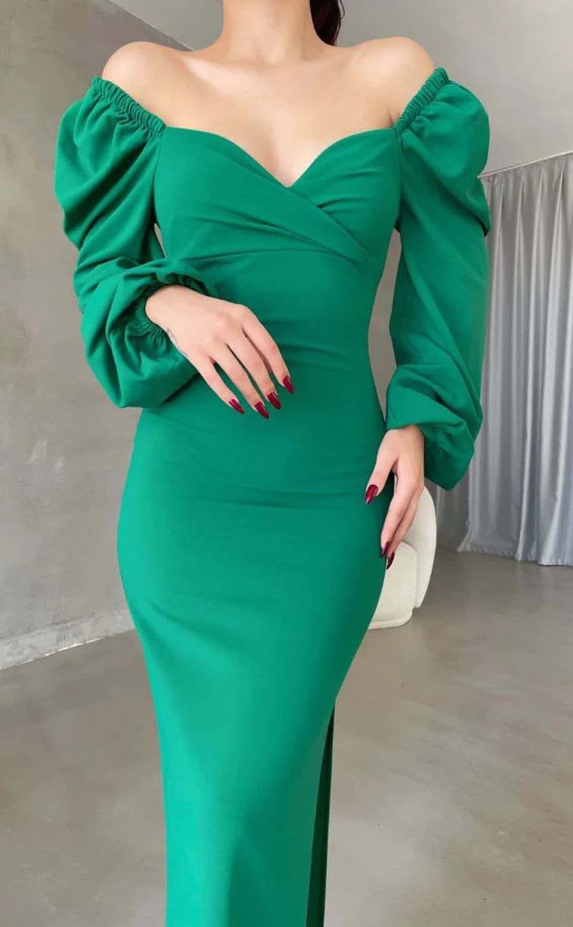 RP1457-Elegant Green Mermaid Sweetheart Ruched Long Sleeves Chiffon Prom Evening Dresses Formal Party Gowns With Slit