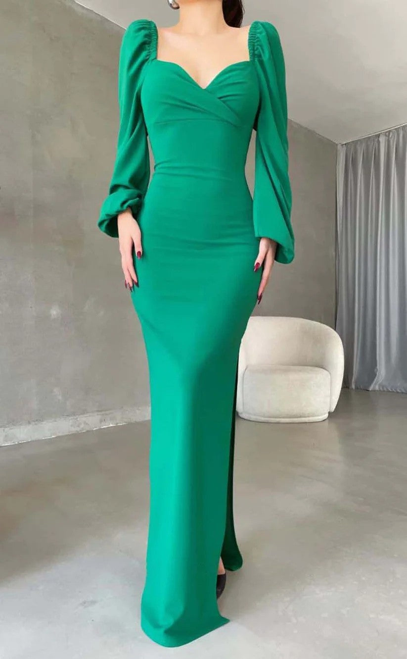 RP1457-Elegant Green Mermaid Sweetheart Ruched Long Sleeves Chiffon Prom Evening Dresses Formal Party Gowns With Slit