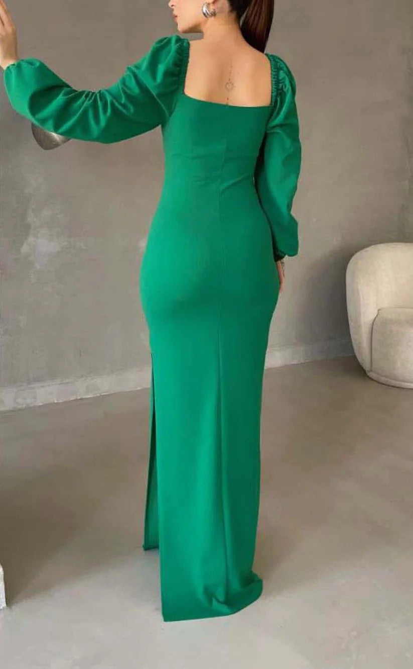 RP1457-Elegant Green Mermaid Sweetheart Ruched Long Sleeves Chiffon Prom Evening Dresses Formal Party Gowns With Slit
