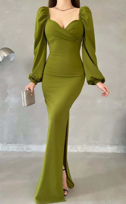 RP1457-Elegant Green Mermaid Sweetheart Ruched Long Sleeves Chiffon Prom Evening Dresses Formal Party Gowns With Slit