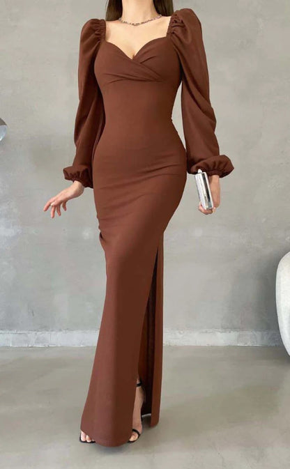 RP1457-Elegant Green Mermaid Sweetheart Ruched Long Sleeves Chiffon Prom Evening Dresses Formal Party Gowns With Slit