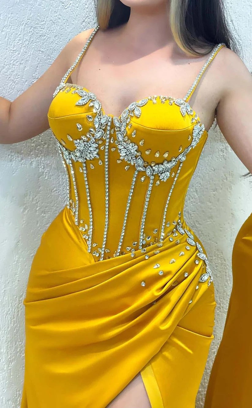 RP1456-Gorgeous Yellow Mermaid Spaghetti Ruched Crystals Sleeveless Satin Prom Evening Dresses Formal Party Gowns With Slit