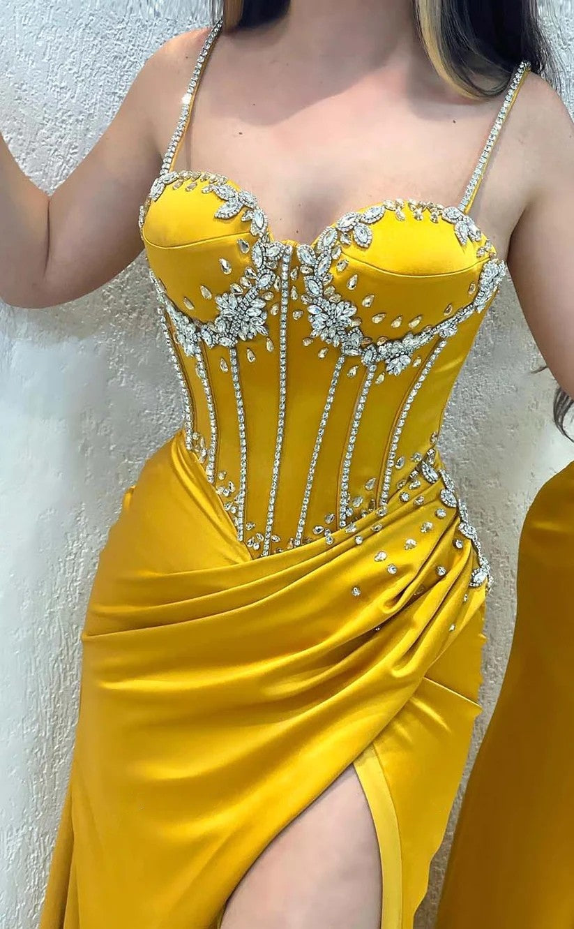 RP1456-Gorgeous Yellow Mermaid Spaghetti Ruched Crystals Sleeveless Satin Prom Evening Dresses Formal Party Gowns With Slit