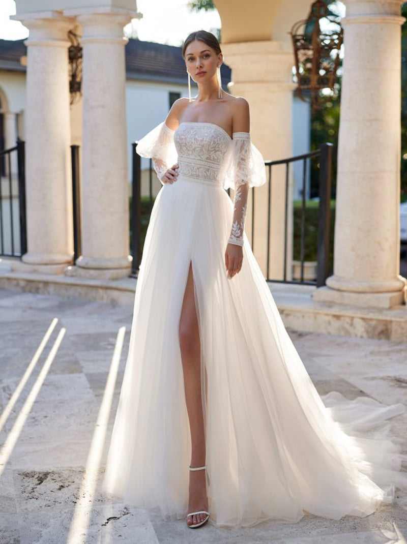 Ivory A-Line Wedding Dresses Strapless Appliques Detachable Illusoin Sleeves Court Train Tulle Bridal Gowns For Women