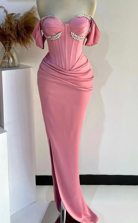 RP401-Elegant Mermaid Sweetheart Crystals Ruched Sleeveless Satin Prom Evening Dresses Formal Party Gowns With Slit