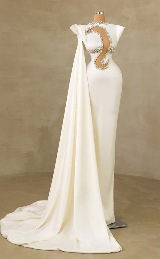 RP258-White Sheath/Column High Neck Beads Crystals Cap Sleeves Prom Evening Dresses Formal Party Gowns With Pleated