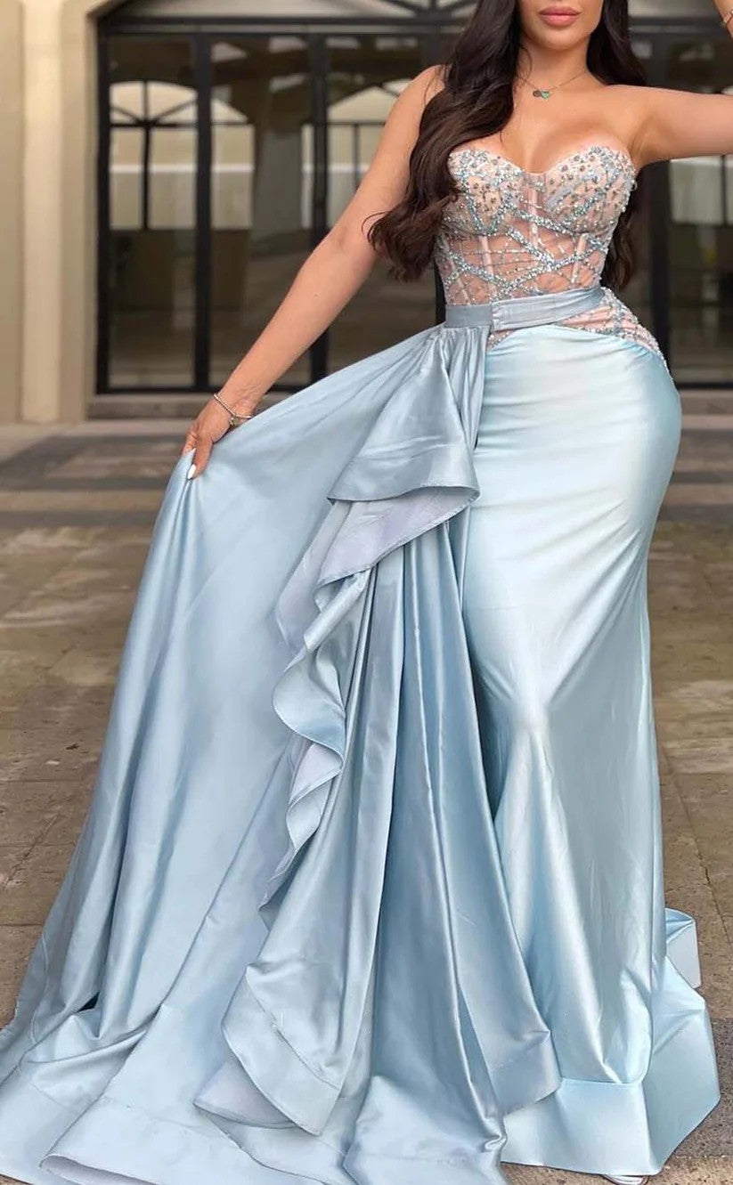 RP1454-Elegant Sky Blue Mermaid Sweetheart Ruched Beaded Sleeveless Satin Prom Evening Dresses Formal Party Gowns