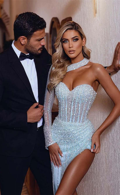 RP2193-Sparkling Sky Blue Mermaid Sweetheart Sequins Beaded Long Sleeves Tulle Prom Evening Dresses Formal Party Gowns With Slit