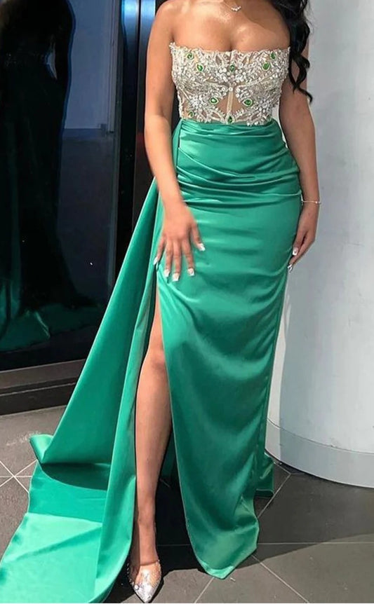 RP1452-Elegant Green Mermaid Strapless Ruched Crystals Sleeveless Satin Prom Evening Dresses Formal Party Gowns With Slit